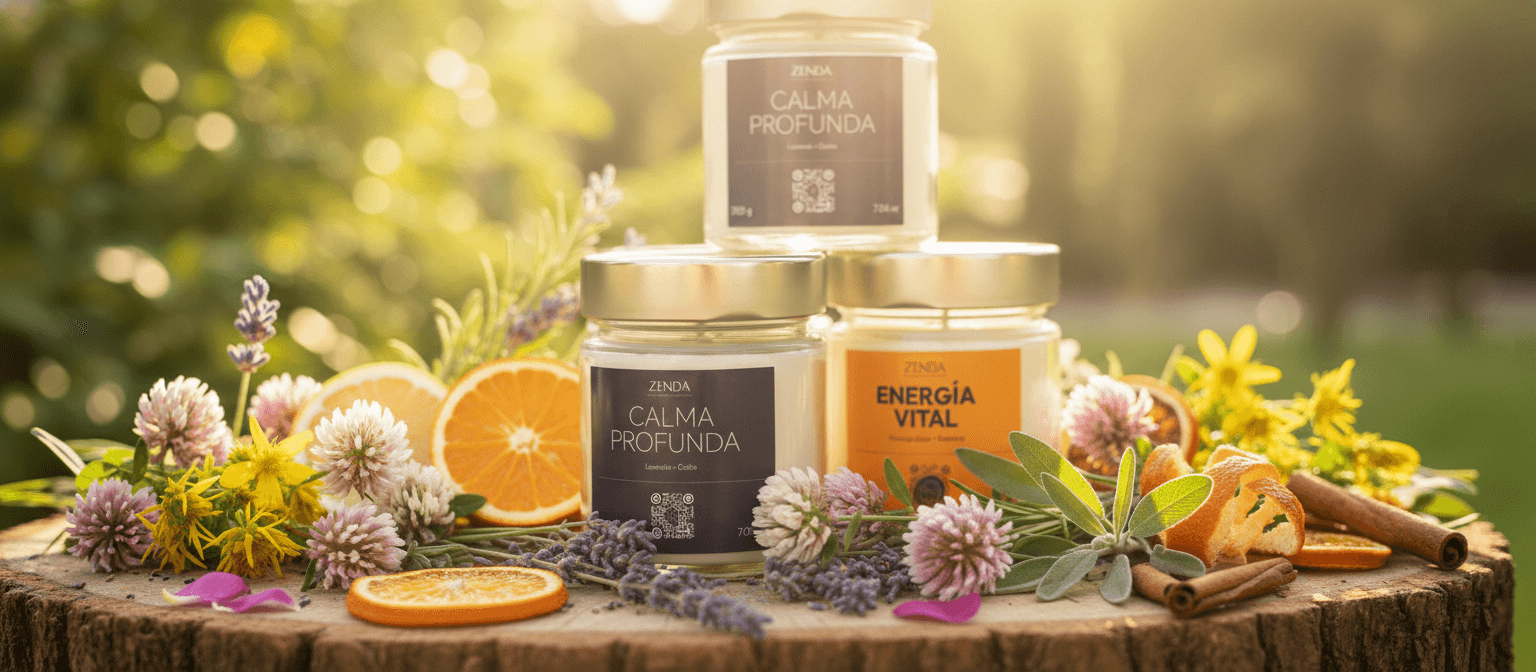 Velas aromáticas Zenda entre lavanda, evocando calma y bienestar